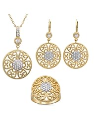 Gold Plated Sterling Silver CZ Florentine Necklace, Earrings & Ring Set