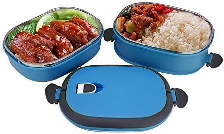 Bento Lunch Box Double Tier Tiffin Oval Vacuum Seal Lid with Stainless Steel Interior - Leak Proof - Individual Locking Clips(blue) by EZ lunch