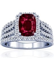 14K White Gold Cushion Cut Ruby Ring With Sidestones