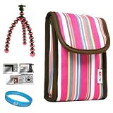 Durable Protective Camera Carrying Case (Magenta Rainbow Colored Stripes) for Samsung Camera Model; ST93, ST95, ST90, ST65, ST30, ST700, PL170, PL120, WB210, PL210, SH100 + Universal Clear Screen Protector + Pink 6-inch Mini Tripod Stand with Flexible Grip Legs + SumacLife TM Wisdom Courage Wristband