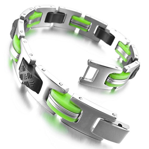 Men's Stainless Steel Rubber Bracelet Link Wrist Silver Black Light Green Punk Rock Biker