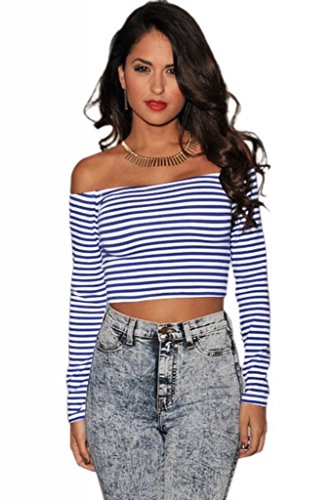 EOZY 長袖 スポーツ ヨガウエア ブラウスシャツ レディース Tシャツ カットソー ショート丈トップス ボーダー 臍出し カジュアルアパレル服装 ブルー