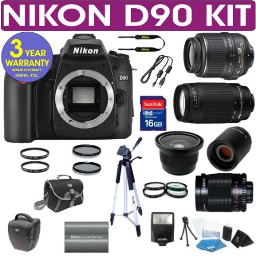 REFURBISHED Nikon D90 Digital Camera + Nikon 18-55mm VR Lens + Nikon 70-300mm Lens + .40x Wide Angle Fisheye Lens + 500mm Mirror Lens + 2x T-Mount Telephoto Lens + Extra Battery + 3 Year Celltime Warranty