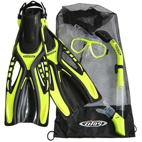 Snorkeling Scuba Dive Mask Fins Dry Snorkel Gear Set, with Body Glove Mesh Bag, (FREE SHIPPING)