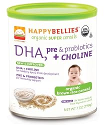 HAPPYBELLIES Organic Super Cereals, DHA, pre & Probiotics + Choline, Organic Brown Rice Cereal, 7-Ounce Canisters (Pack of 6)
