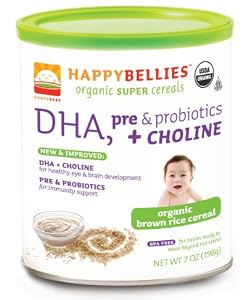 HAPPYBELLIES Organic Super Cereals, DHA, pre & Probiotics + Choline, Organic Brown Rice Cereal, 7-Ounce Canisters (Pack of 6)
