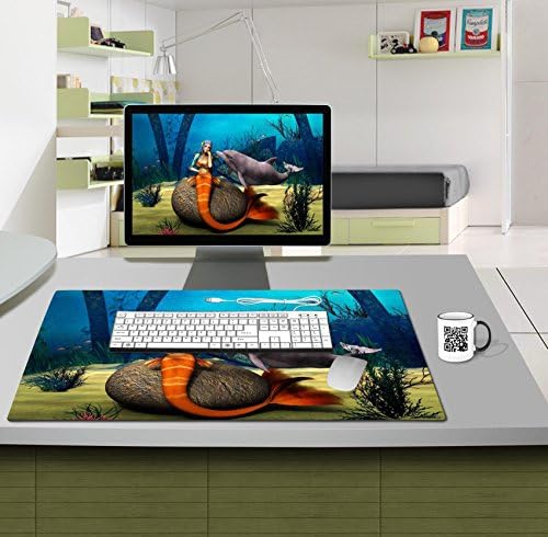 Large Table Mats 3D digital render of a beautiful sad mermaid sitting on a stone and a cute dolphin on blue fantasy IMAGE ID 20270205 by Liili Customized Large Tablemats Stain Resistance Collector Kit Kitchen Table Top Desk Drink Customized Stain Resistance Collector Kit Kitchen Table Top Desk