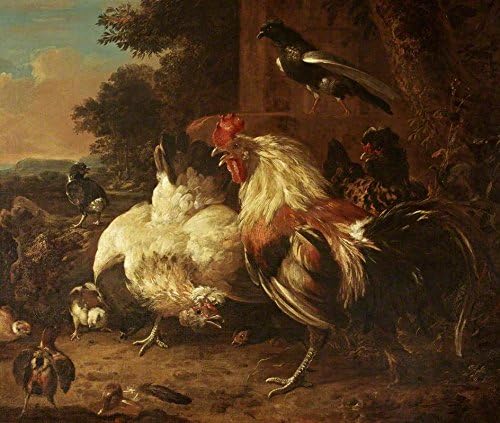 Cheap Famous Pattern Oil Painting On Canvas Wall 100% Hand-Painted Unframed,A Cock and Two Hens with Chicks in a Landscape Setting,Size:30.3 x 35.4 inch(77cm x 90cm)