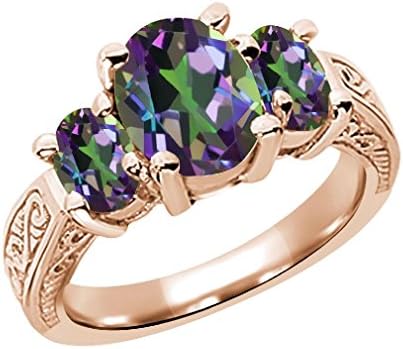Pink Cookie Oval Green VS Mystic Topaz Rose Golden Plated Silver 3-Stone Ring