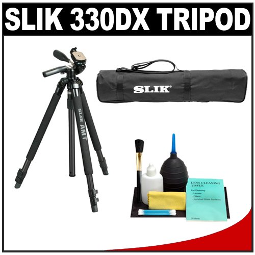 Slik 330 DX Pro Series Black Tripod 3Way Pan/Tilt Head & Quick Release with Tripod Case + Cleaning Kit