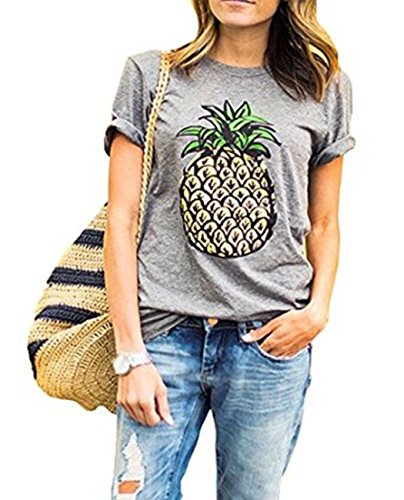Youzee Women Fashion Casual Round Neck Short Sleeve Pineapple Print T-Shirt Top