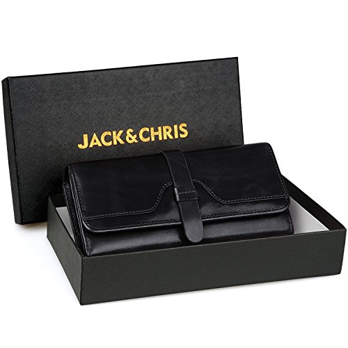Jack&Chris Women's Genuine Leather Wallet Long Tri-fold Snap Button Purse, WBXH049 (Black)