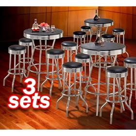 3x 5pc Black Wood Bar Table and Commercial Restaurant Chrome Black Swivel Barstool Set by The Furniture Cove