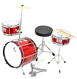 Produkt-Bild: 4 teiliges Kinder Drumset Schlagzeug in Rot-Metallic mit Bassdrum, Stand Drum, TomTom, Becken und Hocker
