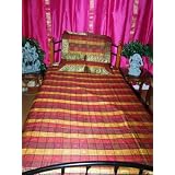 FREE SHIP...Silk Sari Bedspread Bedding Red Yellow Squares Coverlet Twin Throw 3p Set