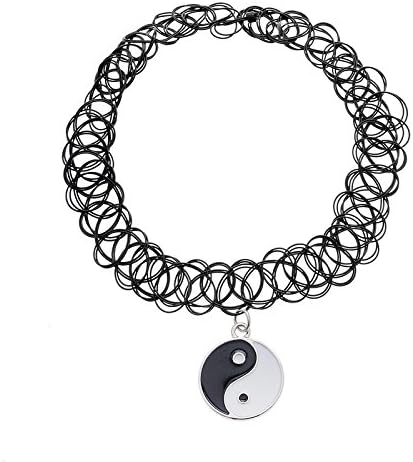 Longil Women Handmade Strechy Rhinestone Tattoo Choker Necklace with Yinyang Pendant for 80s 90s