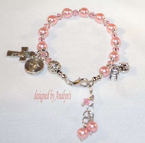 My First Holy Communion Dangling Rosary Bracelet in Dark Pink Glass Beads &amp; Swarovski Crystals ~ Choose Your Initials~~ 6 1/2" Adjustable 7 1/2"