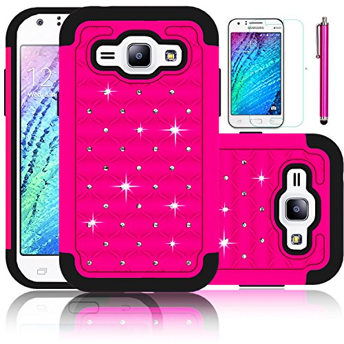 Galaxy J1 Case, EC™ Studded Rhinestone Case, Hybrid Armor Dual Layer Bling Crystal Rugged Rubber Hard Case Cver Samsung Galaxy J1 / J100 (Hot Pink)