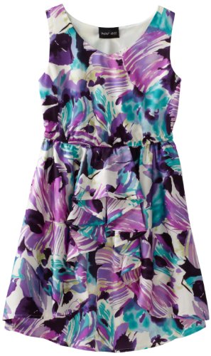 Paperdoll Girls 7-16 Printed Floral Ruffle Front Dress, Purple/Teal, 14