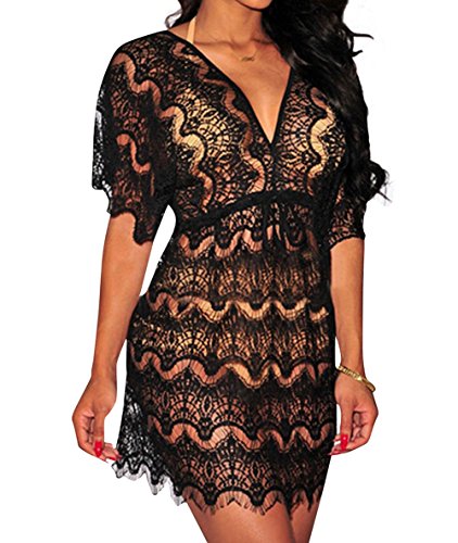 Chengzhong Sun Hollow out Lace Beachwear Swimsuit Cover Up Party Dresses(Black)