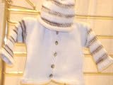 Knitted on Hand Knitting Machine Finished By Hand Crochet Blue Cotton with Tweed Stripe Infant Boys Cardigan, Hat Set Sleeves and Hat with Four Stripes
