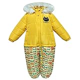 キッズ・ベビー スキーウエア ファーフード 中綿たっぷり ジャンプスーツ 女の子 女児 (イエロー 100cm)
