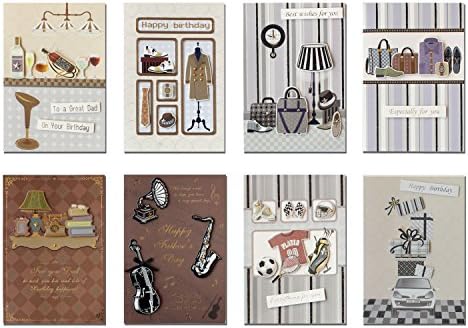 PAPTEL All Occasion Handmade Greeting Cards for Men - Greeting Cards Love for Him - 8 Different Designs - Blank Inside - Including Kraft Envelopes - Set of 8