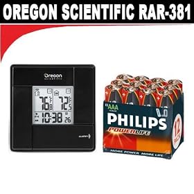 Oregon Scientific (RAR381) Wireless Indoor/Outdoor Thermometer with Digital Clock (Black) + 12 Pack Philips Power Life AAA Batteries