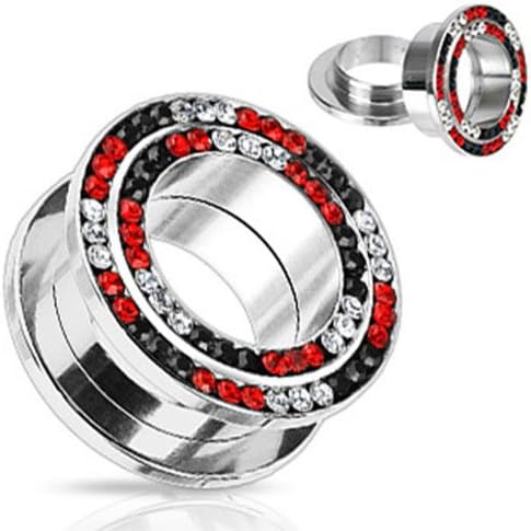 Pair of 0 Gauge 8mm Surgical Steel Triple Lined Double Loop Gem Screw-Fit Tunnel Plug E478