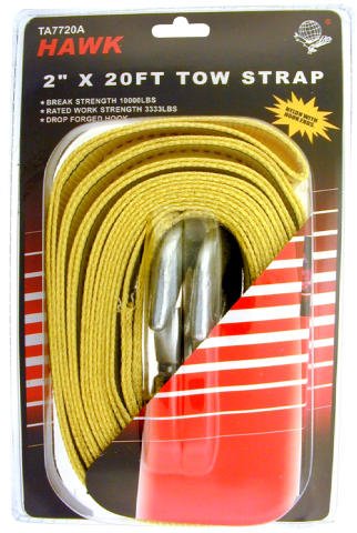 3333LB HEAVY-NYLON 2'' TOW STRAP 20FT W/ STEEL HOOKS