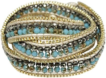 Gold 3x Wrap Bracelet w/ Double Row Teal Blue, Smokey Gray Sparkling Stones, Gold Metal, 21 In