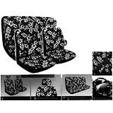 A Set of 8 Piece Hawaiian Floral Print Seat Cover Set - 2 Hibiscus Charcoal Low Back Front Bucket Seat Cover, 2 Hibiscus Charcoal Separate Headrest Cover, 1 Hibiscus Charcoal Bench, 1 Hibiscus Charcoal Steering Wheel Cover, and 2 Hibiscus Charcoal Shoulder Pad
