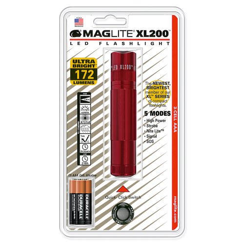 Mag-Lite LED Taschenlampe mit Endkappenschalter, 172 Lumen, nach ANSI Standard getest, 5 Betriebsmodi, rot XL200-S3036
