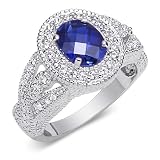 Luxurious Oval Shape Checker Board Created Blue Sapphire & White CZ Size 9 Gemstone Ring in Sterling Silver