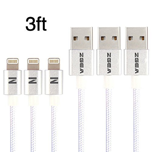 ZGEM 3Pack 3FT Nylon Braided Data Sync Charging Cable Cord For iPhone 7, 7 plus, 6, 5, iPad Air Mini Pro on iOS10 (Silver)