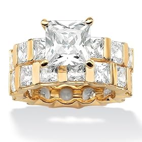 18K Gold over Sterling Silver Princess-Cut DiamonUltra&trade; Cubic Zirconia Eternity Wedding Band Ring Set: Jewelry