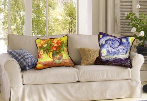 Decorative Double Side Cushion Cover Van Gogh Starry Night Throw Pillow With Border / 16 by 16-Inch