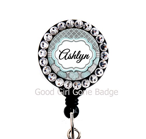 Retractable Badge Reel - Blue Grey Damask Trellis with Swarovski Rhinestones - Personalized Name - Badge Holder