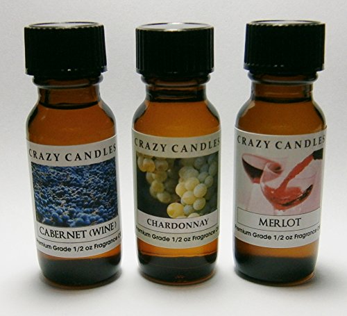 3 Bottles Set, 1 Merlot, 1 Cabernet (Wine), 1 Chardonnay 1/2 Fl Oz Each (15ml) Premium Grade Scented Fragrance Oils By Crazy Candles