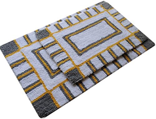Set of 2 Bath Rugs Made of Pure Cotton Geoline Bath Rug Size 21" X 34" / 17" X 24" - By Trendsetter Homez (Grey Yellow)