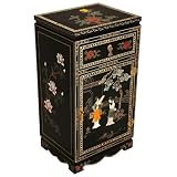 Handmade 33" Chinese Black Lacquer Wood End Table / Nightstand With Jade & Mother of Pearl