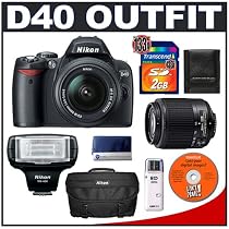 Nikon D40 6.1MP Digital SLR Camera + Nikon 18-55mm AF-S Lens + Nikon 55-200mm ED AF-S Lens + Nikon SB-400 AF Speedlight Flash + Transcend 2GB 133x SecureDigital Card + USB Card Reader + Nikon SLR Gadget Bag