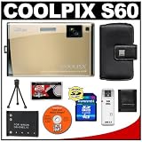 cheap Nikon Coolpix S60 10 Megapixel Digital Camera (Platinum Bronze) with 5x Optical Zoom + EN-EL10 Battery + 4GB Card + Leather Case + Accessory Kit