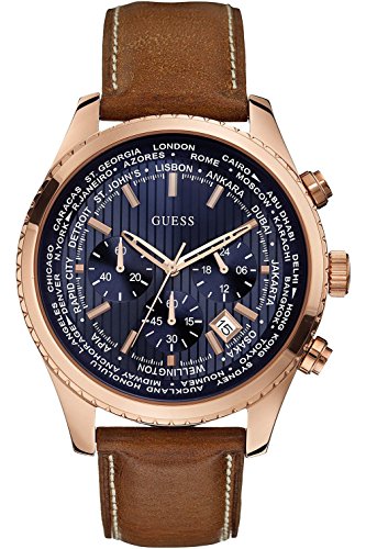 GUESS W0500G1,Men's Chronograph,Blue Dial,Rose Gold-Tone Case,Leather Strap,Iconic Blue,50m WR