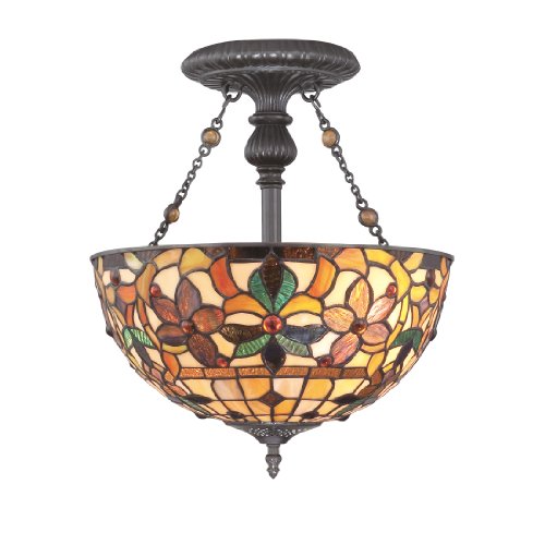 Quoizel TF878SVB Kami Small Semi Flush Mount 2-Light Tiffany Lamp with 348 Pieces of Tiffany Glass, Vintage Bronze