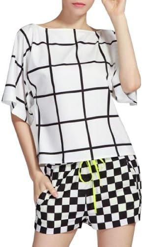FINEJO Women's Grid Pattern T-shirt + Hot Shorts Pants 2 Piece Set [Apparel]