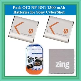 Pack Of 2 Sony CyberShot DSC-TX5 DSC-TX55 DSC-TX7 Digital Camera Batteries - Includes 2 NP-BN1 Batteries + LCD Screen Protectors + MicroFiber Cleaning Cloth