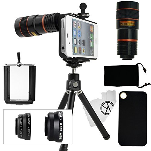 CamKix Camera Lens Kit for iPhone 4 / 4S including 8x Telephoto Lens / Fisheye Lens / 2in1 Macro Lens and Wide Angle Lens / Tripod / Phone Holder / Hard Case / Velvet Bag / Microfiber Cleaning Cloth