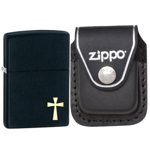 Zippo 24721 Classic Holy Cross Black Matte Windproof Lighter with Zippo Black Leather Clip Pouch