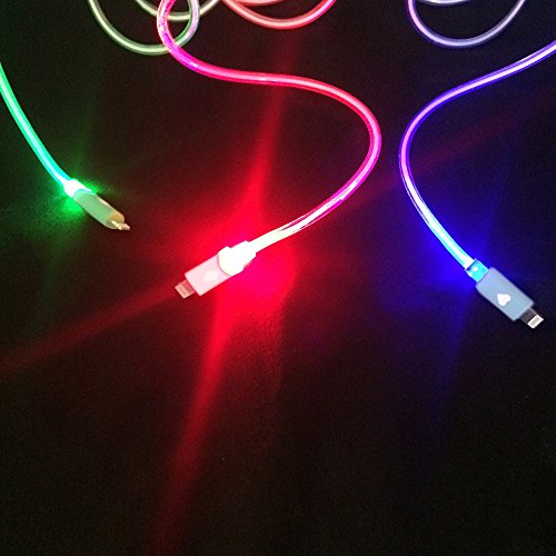 3 Light Up Phone Cords And 12v Car Charger [Bundle] LED Fast Sync Data Charger Cables Works With iPhone 5, 5c, 6 - Automatic Color Changing Technology